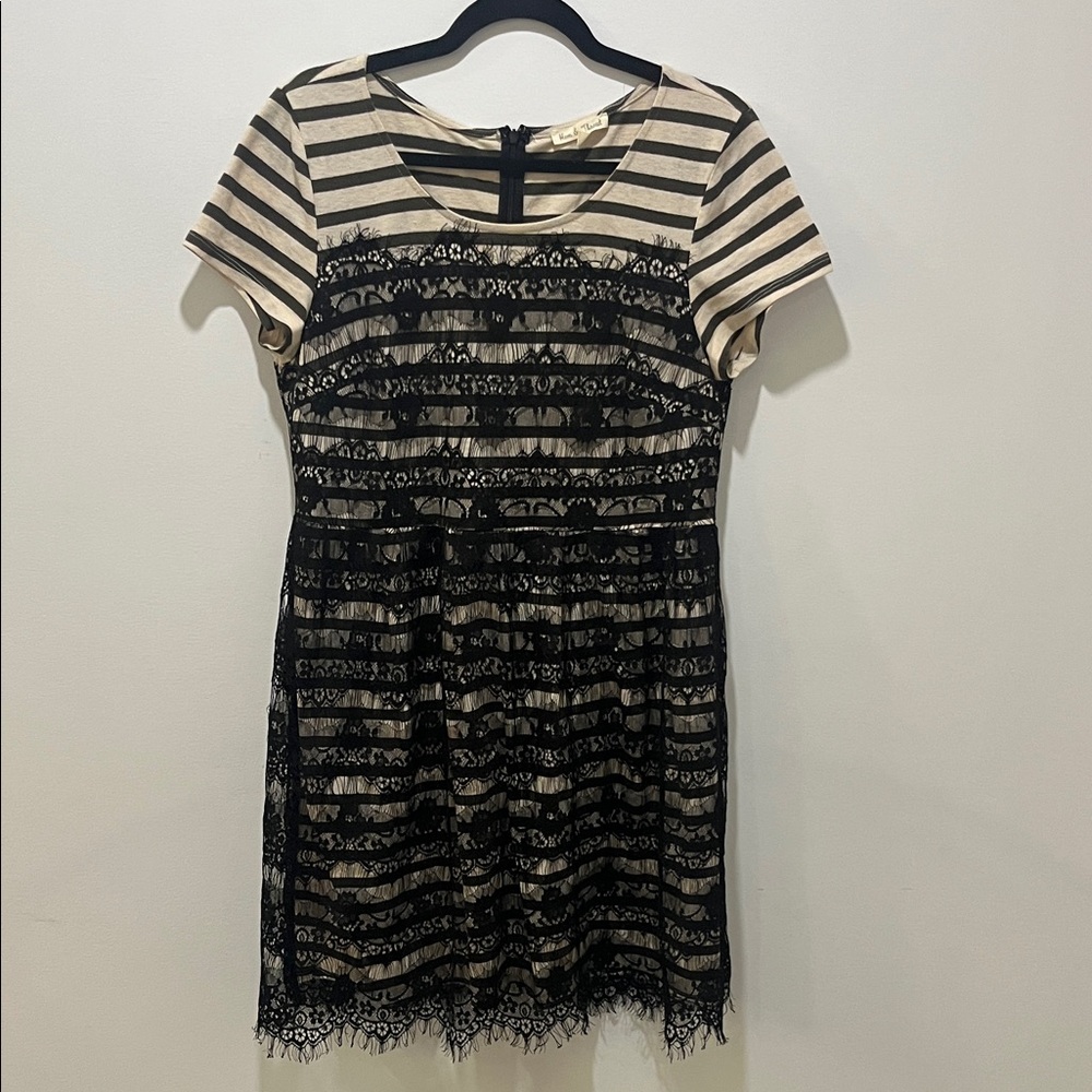 Hem & Thread Black Lace Striped Mini Dress